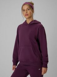 4F Bluza dresowa relaxed z kapturem damska - fioletowa M. Fioletowe bluzy damskie 4F, l, bez wzorów, z bawełny, klasyczne, bez ramiączek, z kapturem. Za 149.99 zł.