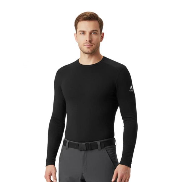 Męska koszulka z długim rękawem z wełny merynosów - Finn 140. Czarne bluzy męskie FJORK MERINO, na zimę, l, bez wzorów, z elastanu, sportowe, bez ramiączek, bez kaptura. Za 439.00 zł.