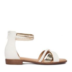 Sandały JENNY. Białe sandały damskie Jenny, bez wzorów, bez obcasa, na płaskiej podeszwie, bez zapięcia. Za 99.99 zł.