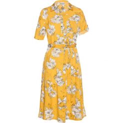 Sukienka bonprix żółty z nadrukiem. Brązowe sukienki damskie bonprix, bez wzorów, eleganckie, bez kołnierzyka, bez ramiączek, mini, plisowane. Za 53.99 zł.