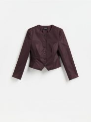 Taliowana marynarka - ciemnofioletowy. Fioletowe marynarki i żakiety damskie Reserved, bez wzorów, z tkaniny, bez kołnierzyka, bez ramiączek. Za 229.99 zł.