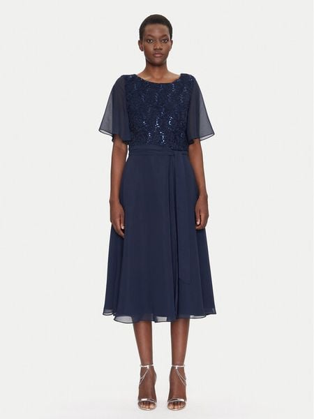 Swing Sukienka koktajlowa 5AI02500 Granatowy Regular Fit. Niebieskie sukienki damskie Swing, bez wzorów, z syntetyku, wizytowe, bez kołnierzyka, bez ramiączek. Za 399.99 zł.