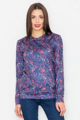 Granatowa Klasyczna Bluza w Kolorowe Kwiaty. Bluzy damskie Figl, l, bez wzorów, z materiału, klasyczne, bez ramiączek, bez kaptura. Za 209.00 zł.