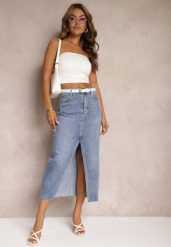 Niebieska Jeansowa Spódnica Midi Abexa. Niebieskie spódnice damskie Renee, s, z aplikacjami, z jeansu, eleganckie, z podwyższonym stanem, midi. Za 69.99 zł.