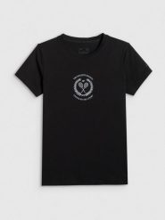 4F T-shirt slim z nadrukiem damski - czarny L. Czarne t-shirty damskie 4F, l, bez wzorów, z bawełny, bez kołnierzyka, bez ramiączek. Za 59.99 zł.