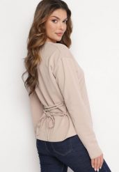 Beżowa Bawełniana Bluza z Długim Rękawem i Ozdobnym Wiązaniem Pinada. Brązowe bluzy damskie Born2be, bez wzorów, z bawełny, casualowe, bez ramiączek, bez kaptura. Za 84.99 zł.