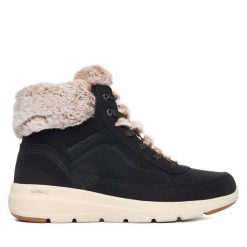 Trzewiki Skechers. Czarne botki damskie Skechers, bez wzorów, bez obcasa, na płaskiej podeszwie, bez zapięcia. Za 289.99 zł.