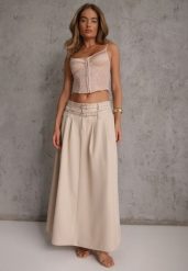 Jasnobeżowa Rozkloszowana Spódnica w Stylu Preppy z Kieszeniami i Podwójnym Paskiem Doripla. Brązowe spódnice damskie Renee, na co dzień, l, bez wzorów, eleganckie, maxi, koszulowe. Za 99.99 zł.