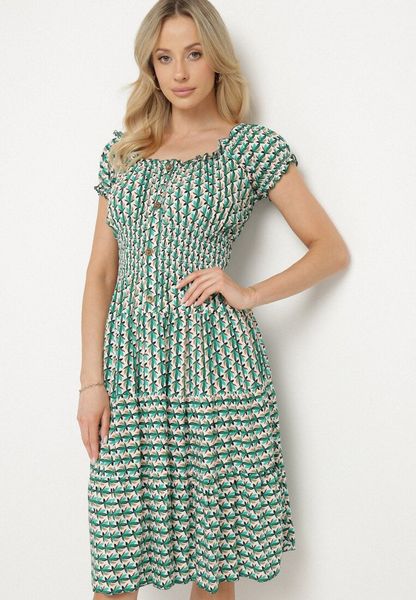 Zielona Sukienka z Bawełny Ozdobiona Guzikami i Bufiastymi Rękawami Ronaria. Zielone sukienki damskie Born2be, na co dzień, na lato, m, bez wzorów, z bawełny, klasyczne, bez kołnierzyka, bez ramiączek, midi, sportowe. Za 39.99 zł.