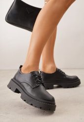 Czarne Eleganckie Półbuty Oksfordki VICES ze Sznurowaniem i Platformą Anatala. Czarne półbuty damskie Renee, bez wzorów, z jeansu, eleganckie, bez obcasa, na platformie, bez zapięcia. Za 99.99 zł.
