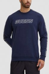GUESS Granatowa męska bluza z lampasami Arlo Cn, Rozmiar S. Niebieskie bluzy męskie Guess, m, z aplikacjami, z bawełny, bez ramiączek, bez kaptura. W wyprzedaży za 270.99 zł.
