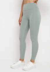 Ciemnozielone Legginsy z Wysokim Stanem Parefia. Zielone legginsy damskie Born2be, bez wzorów, z jeansu. Za 29.99 zł.