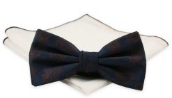 Granatowa Mucha z Białą Poszetką -CHATTIER- Męska, w Drobny Brązowy Wzór. Niebieskie krawaty i muchy Chattier, bez wzorów, eleganckie. Za 59.00 zł.