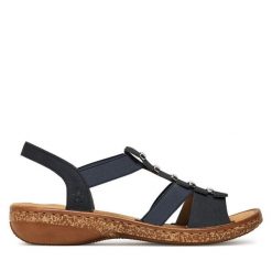 Sandały Rieker. Niebieskie sandały damskie Rieker, bez wzorów, bez obcasa, na płaskiej podeszwie, bez zapięcia. Za 299.99 zł.