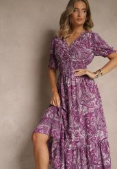 Ciemnoróżowa Rozkloszowana Sukienka z Bawełny Zdobiona Wzorem Paisley Folitea. Fioletowe sukienki damskie Renee, na spotkanie biznesowe, na wiosnę, l, z aplikacjami, z bawełny, bez kołnierzyka, bez ramiączek, maxi, rozkloszowane. Za 44.99 zł.