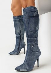 Niebieskie Jeansowe Kozaki na Szpilce Bimis. Niebieskie kozaki damskie Born2be, bez wzorów, z jeansu, bez obcasa, na obcasie, bez zapięcia. Za 189.99 zł.