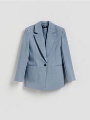 Jednorzędowa marynarka - niebieski. Niebieskie marynarki i żakiety damskie Reserved, bez wzorów, z tkaniny, bez kołnierzyka, bez ramiączek. Za 229.99 zł.