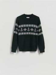 Strukturalny sweter z bawełną - ciemnozielony. Zielone swetry męskie Reserved, l, bez wzorów, z bawełny, bez kołnierzyka, bez ramiączek. Za 149.99 zł.