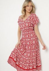 Czerwona Bawełniana Sukienka Rozkloszowana we Wzór Paisley Lanadira. Czerwone sukienki damskie Born2be, l, bez wzorów, z bawełny, boho, bez kołnierzyka, bez ramiączek, midi, rozkloszowane. Za 39.99 zł.