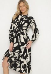 Czarna Rozkloszowana Sukienka z Bawełną w Abstrakcyjny Wzór Silsedi. Czarne sukienki damskie Born2be, na co dzień, m, bez wzorów, z bawełny, eleganckie, bez kołnierzyka, bez ramiączek, midi, rozkloszowane. Za 89.99 zł.