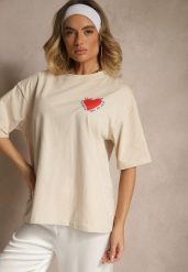 Beżowy T-shirt z Bawełny Ozdobiony Sercem Ranira. Brązowe t-shirty damskie Renee, z aplikacjami, z bawełny, bez kołnierzyka, bez ramiączek. Za 54.99 zł.
