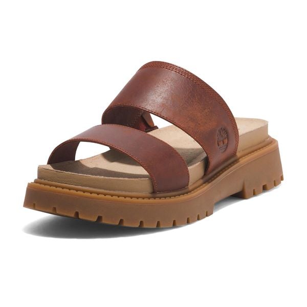 Klapki damskie Timberland Clairemont Way. Brązowe klapki damskie Timberland, bez wzorów, sportowe, bez obcasa, bez zapięcia. Za 359.99 zł.