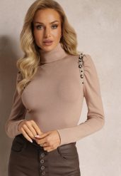 Ciemnobeżowy Sweter Golf z Perełkami Przy Bufiastych Rękawach Hutta. Brązowe swetry nierozpinane damskie Renee, na zimę, bez wzorów, bez kołnierzyka, bez ramiączek. Za 84.99 zł.