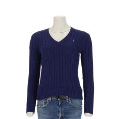 Second life - Sweter damski Polo Ralph Lauren z warkoczowym splotem - Jak nowy. Niebieskie swetry nierozpinane damskie Ralph Lauren, l, bez wzorów, z dzianiny, eleganckie, bez kołnierzyka, bez ramiączek. Za 255.56 zł.