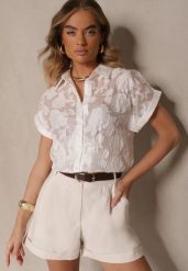 Biała Koszula z Krótkim Rękawem Zdobiona Kwiatowym Wzorem Frorela. Białe koszule damskie Renee, m, z aplikacjami, eleganckie, bez kołnierzyka, bez ramiączek. Za 69.99 zł.