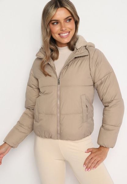 Jasnobeżowa Pikowana Kurtka w Stylu Bomberki z Kapturem Mivuna. Brązowe kurtki damskie Born2be, l, bez wzorów, z jeansu, z kapturem. Za 119.99 zł.