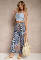 Niebieskie Bawełniane Spodnie High Waist Szerokie we Wzór Boho Tolioria. Niebieskie spodnie materiałowe damskie Renee, bez wzorów, z bawełny, biznesowe, z podwyższonym stanem. Za 29.99 zł.