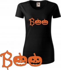 KOSZULKA DAMSKA CZARNA NA HALLOWEEN BOO L KRÓTKI RĘKAW HAFT PREZENT KOBIETA. Czarne bluzki damskie Radziszewska, l, bez wzorów, bez kołnierzyka, bez ramiączek. Za 189.11 zł.