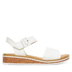 Sandały Rieker. Białe sandały damskie Rieker, bez wzorów, bez obcasa, na płaskiej podeszwie, bez zapięcia. Za 289.99 zł.