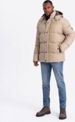 Kurtka męska Ombre Męska kurtka puffer z podszewką w kratę beżowa V2 OM-JAHP-0205 S. Brązowe kurtki męskie Ombre, m, bez wzorów, bez kaptura. Za 399.99 zł.