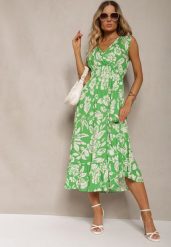 Zielona Wiskozowa Kwiatowa Sukienka Wykończona Gumką w Pasie o Rozkloszowanym Kroju Keranea. Zielone sukienki damskie Renee, na imprezę, na lato, m, bez wzorów, z wiskozy, eleganckie, bez kołnierzyka, bez ramiączek, midi, dopasowane. Za 49.99 zł.