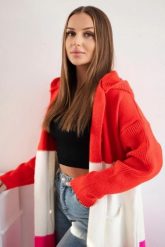 Sweter Kardigan z kapturem w pasy czerwony+ecru+różowy neon. Czerwone kardigany damskie KESI, l, bez wzorów, z jeansu, bez kołnierzyka, plus size. Za 209.08 zł.