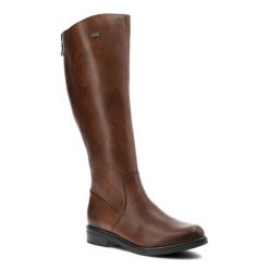 Brązowe Kozaki Remonte Eleganckie Obuwie Damskie. Brązowe kozaki damskie Remonte, bez wzorów, ze skóry, bez obcasa, na obcasie, bez zapięcia. Za 499.00 zł.