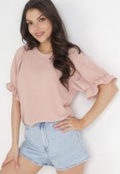 Ciemnoróżowa Bluzka z Krótkimi Bufiastymi Rękawami Harlen. Czerwone bluzki damskie Born2be, bez wzorów, boho, bez kołnierzyka, bez ramiączek. Za 54.99 zł.