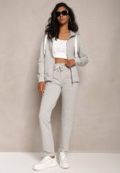 Szare Proste Spodnie Dresowe z Satynową Tasiemką w Pasie Alnureta. Szare spodnie dresowe damskie Renee, z aplikacjami, z dresówki, eleganckie. Za 29.99 zł.