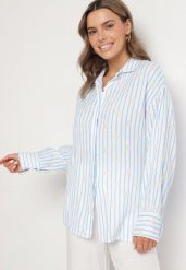 Niebieska Bawełniana Koszula w Paski z Kwiatowym Zdobieniem Ameliora. Niebieskie koszule damskie Born2be, uniwersalny, z aplikacjami, z bawełny, eleganckie, bez kołnierzyka, bez ramiączek. Za 119.99 zł.