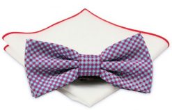 Czerwono-Szara Mucha z Białą Poszetką -CHATTIER- Męska, w Drobną Kratkę. Czerwone krawaty i muchy Chattier, bez wzorów, eleganckie. Za 59.00 zł.