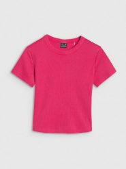 4F T-shirt slim z prążkowanej dzianiny damski - różowy XL. Czerwone t-shirty damskie 4F, xl, bez wzorów, z bawełny, klasyczne, bez kołnierzyka, bez ramiączek. W wyprzedaży za 49.99 zł.