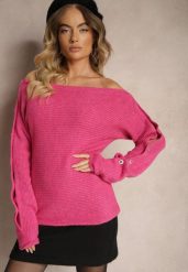 Fuksjowy Elegancki Sweter z Dekoltem w Łódkę Zdobiony Guzikami i Wycięciami na Rękawach Dorida. Czerwone swetry nierozpinane damskie Renee, m, z aplikacjami, z jeansu, casualowe, bez kołnierzyka, bez ramiączek. Za 99.99 zł.