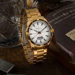 Zegarek męski bransoleta duży solidny z datownikiem złoty premium Beltimore BT03. Żółte zegarki męskie bez wzorów, złote. Za 147.99 zł.