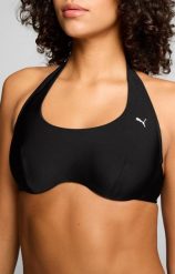 Góra bikini damska - dekolt w serek - czarna. Czarne stroje kąpielowe damskie Puma, s, bez wzorów, z elastanu. Za 221.30 zł.