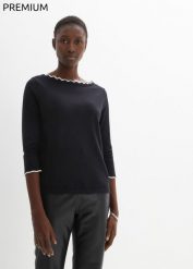Sweter z domieszką jedwabiu. Brązowe swetry nierozpinane damskie bonprix, bez wzorów, eleganckie, bez kołnierzyka, bez ramiączek. Za 169.99 zł.