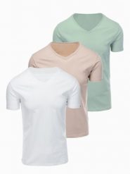 Zestaw bawełnianych koszulek męskich V-neck BASIC – szarozielony/biały/beżowy V14 - Rozmiar: M. Szare t-shirty męskie Ombre Clothing, m, bez wzorów, z bawełny, bez kołnierzyka, bez ramiączek. Za 169.99 zł.