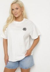 Biały T-shirt z Bawełny z Naszywką Kwiatu Firirene. Białe t-shirty damskie Born2be, l, z aplikacjami, z bawełny, eleganckie, bez kołnierzyka, bez ramiączek. Za 49.99 zł.