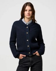 DAMSKI SWETER WRANGLER WESTERN CARDIGAN DARK NAVY 112370796. Niebieskie kardigany damskie Wrangler, xs, bez wzorów, bez kołnierzyka, bez ramiączek. Za 199.99 zł.