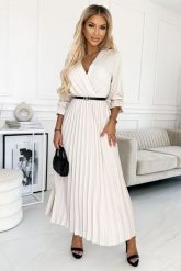 Elegancka Długa Sukienka z Plisowanym Dołem - Beżowa. Brązowe sukienki damskie Numoco, uniwersalny, bez wzorów, z elastanu, eleganckie, bez kołnierzyka, bez ramiączek, maxi, plisowane. Za 178.90 zł.